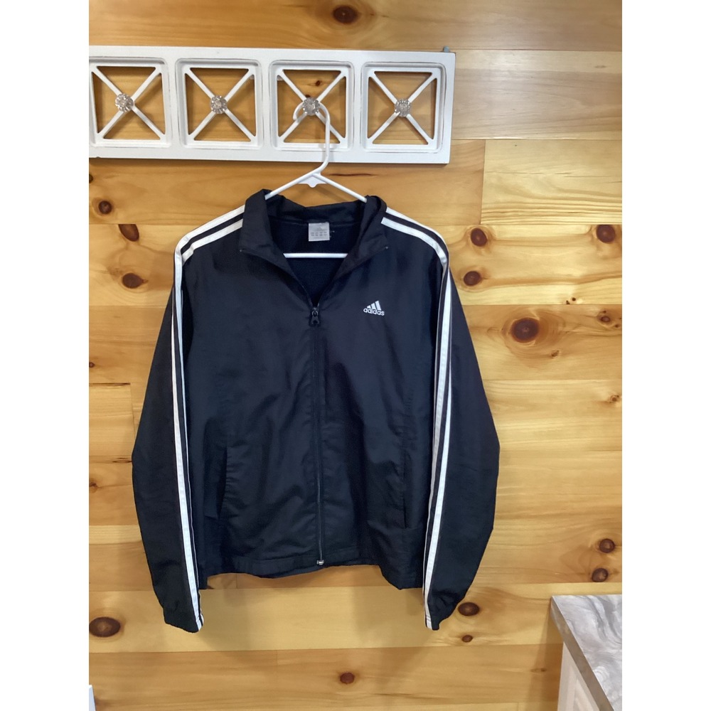 Adidas Track Jacket Womens Large Black White 3 Stripe Zip Up Mesh Lined Retro